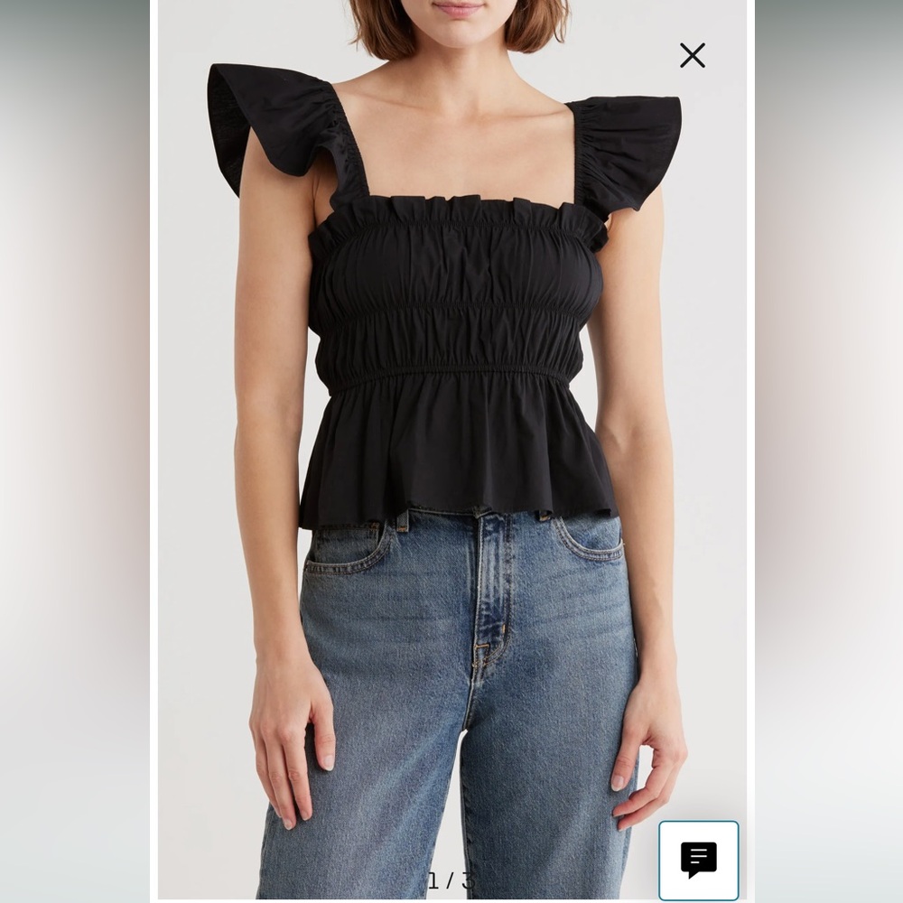 NWT Elodie Black Shirred Ruffle Sleeve Cotton Peplum Top Blouse Women’s Large